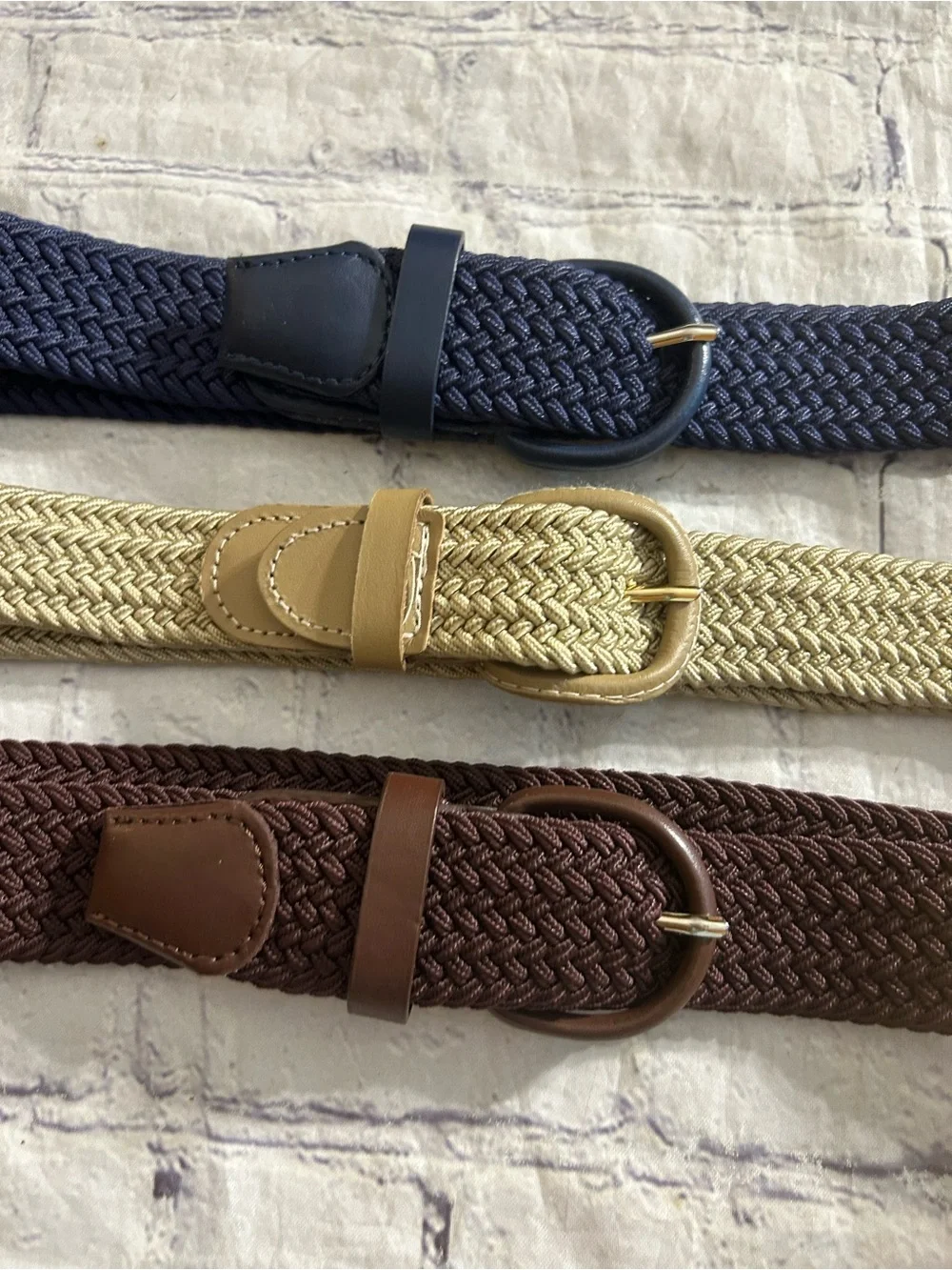 LOT OF (3) VINTAGE MENS STRETCH BELTS NAVY/BROWN/TAN COVERED BUCKLES SIZE LARGE